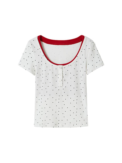 DIDDI MODA Polka Dot Mock Neck Contrast Trim Fitted Tee
