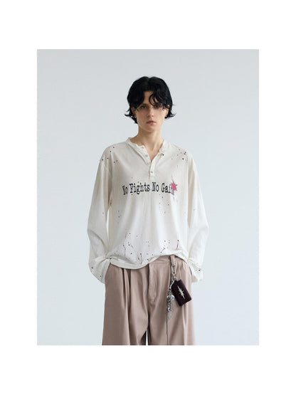 Peoplesense Vintage Ink Splatter Print Loose Long Sleeve Cotton Tee