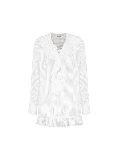STRIKE A POSE Relaxed V-Neck Flowy Ruffle Stripe Blouse Shirt