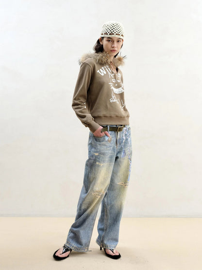 3 D Fun Charm Distressed Print Classic Blue Jeans