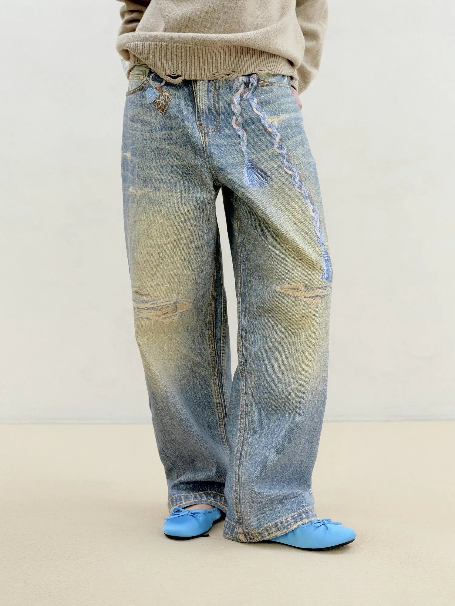 3 D Fun Charm Distressed Print Classic Blue Jeans