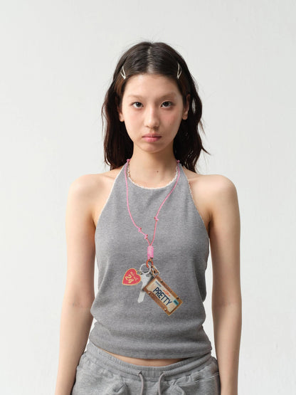 Adjustable Lace Trim Halter Top With Backless Design