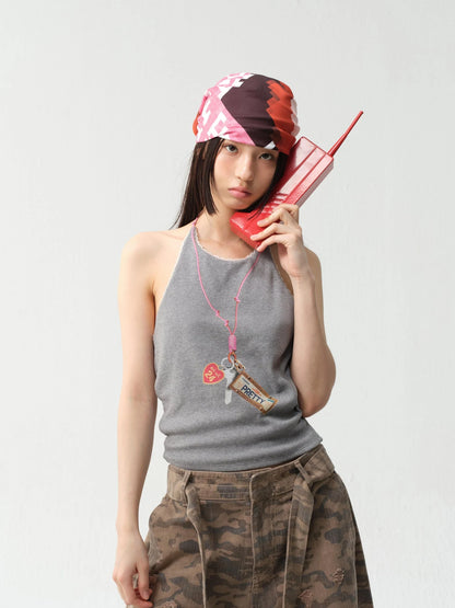 Adjustable Lace Trim Halter Top With Backless Design