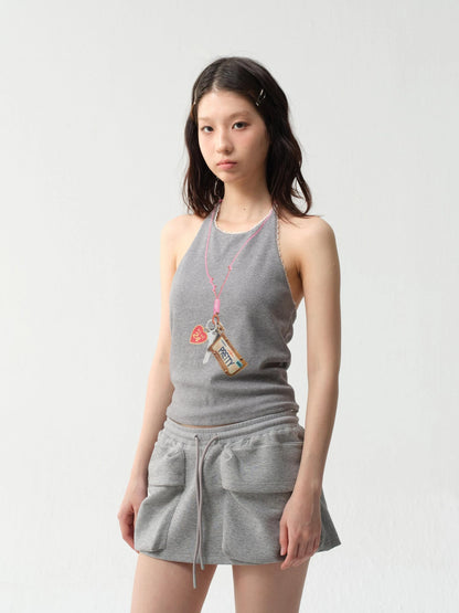 Adjustable Lace Trim Halter Top With Backless Design