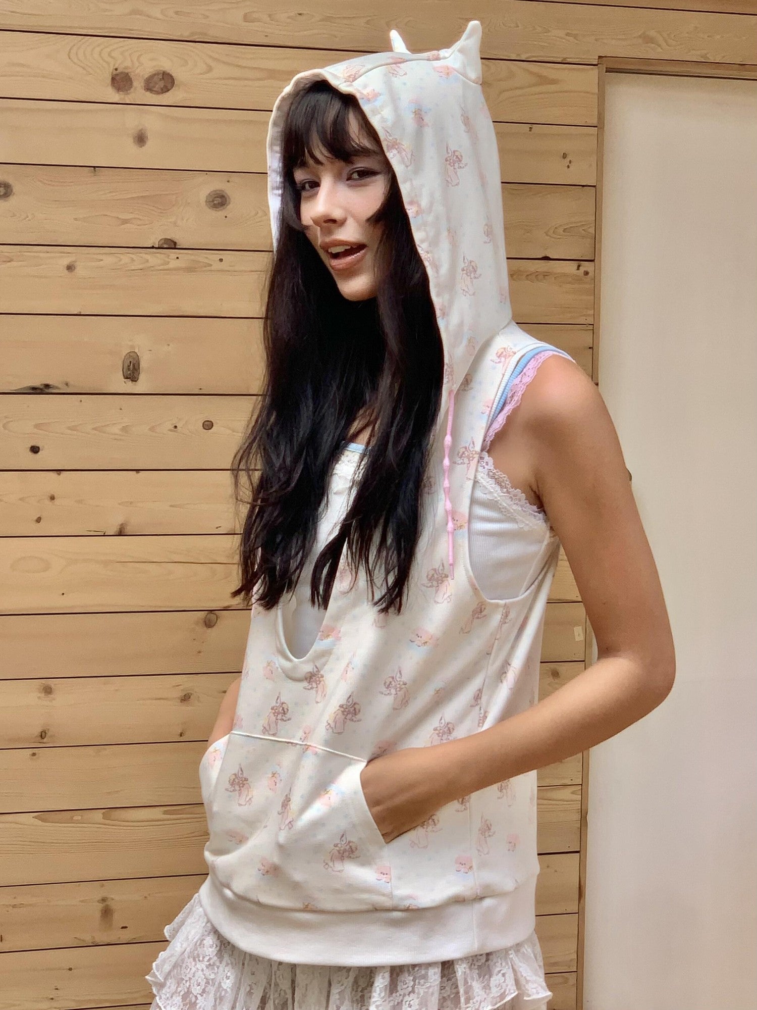 wii wil Angel Devil Horn Hooded Racerback Cartoon Print Women&