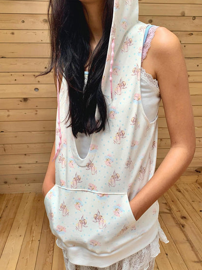 wii wil Angel Devil Horn Hooded Racerback Cartoon Print Women&