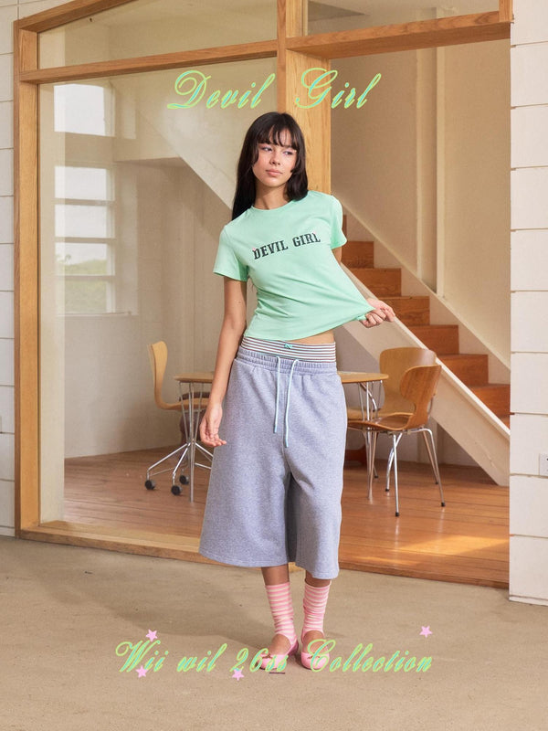 Asymmetric Colorblock Striped Faux Layered Women's Cotton Capri Pants