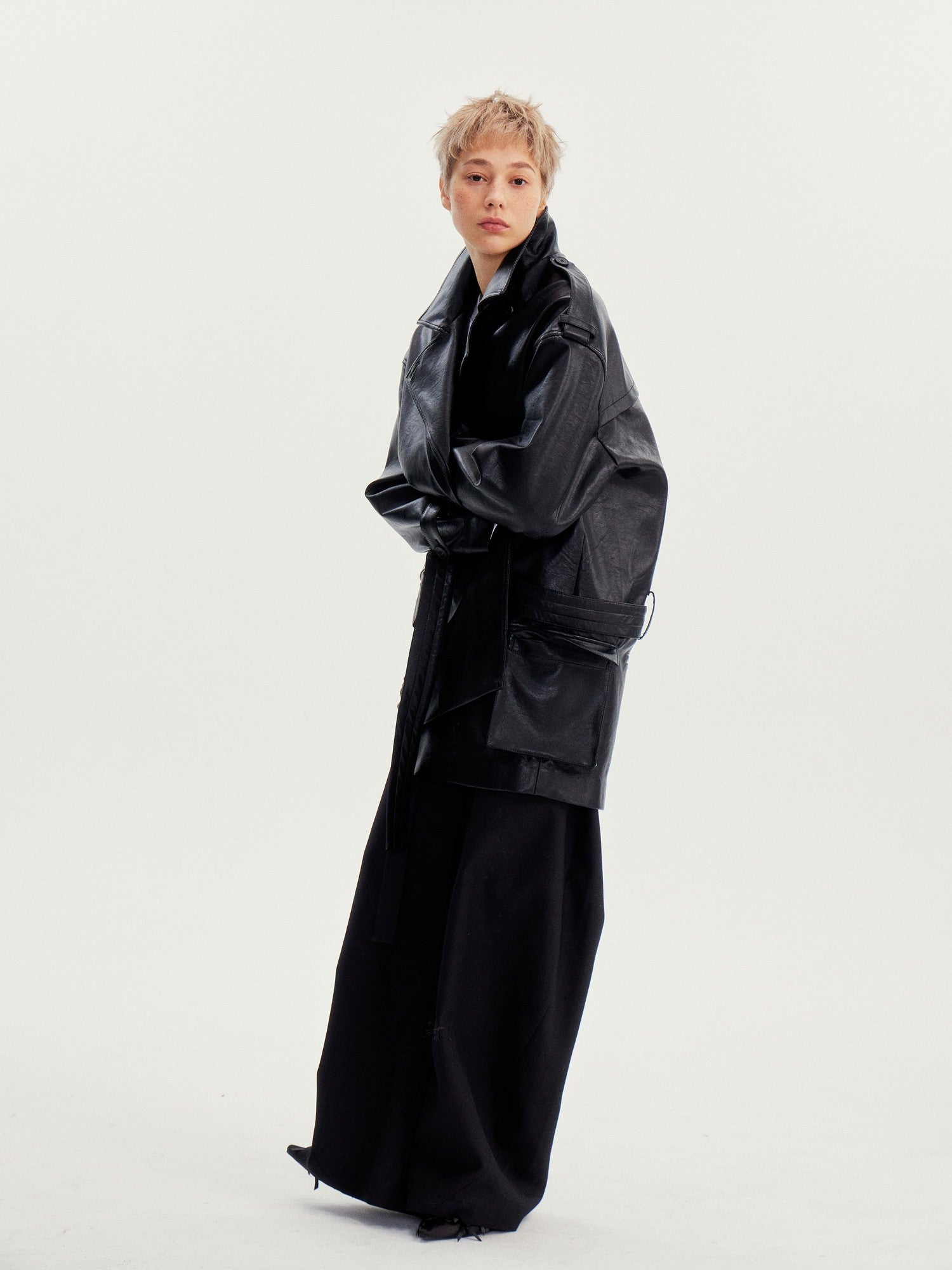 wii wil Belted Stand Collar Midlength Zippered Women&