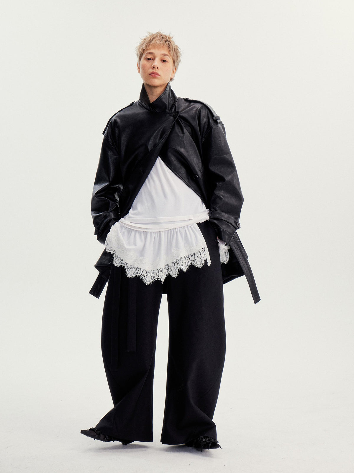 wii wil Belted Stand Collar Midlength Zippered Women&
