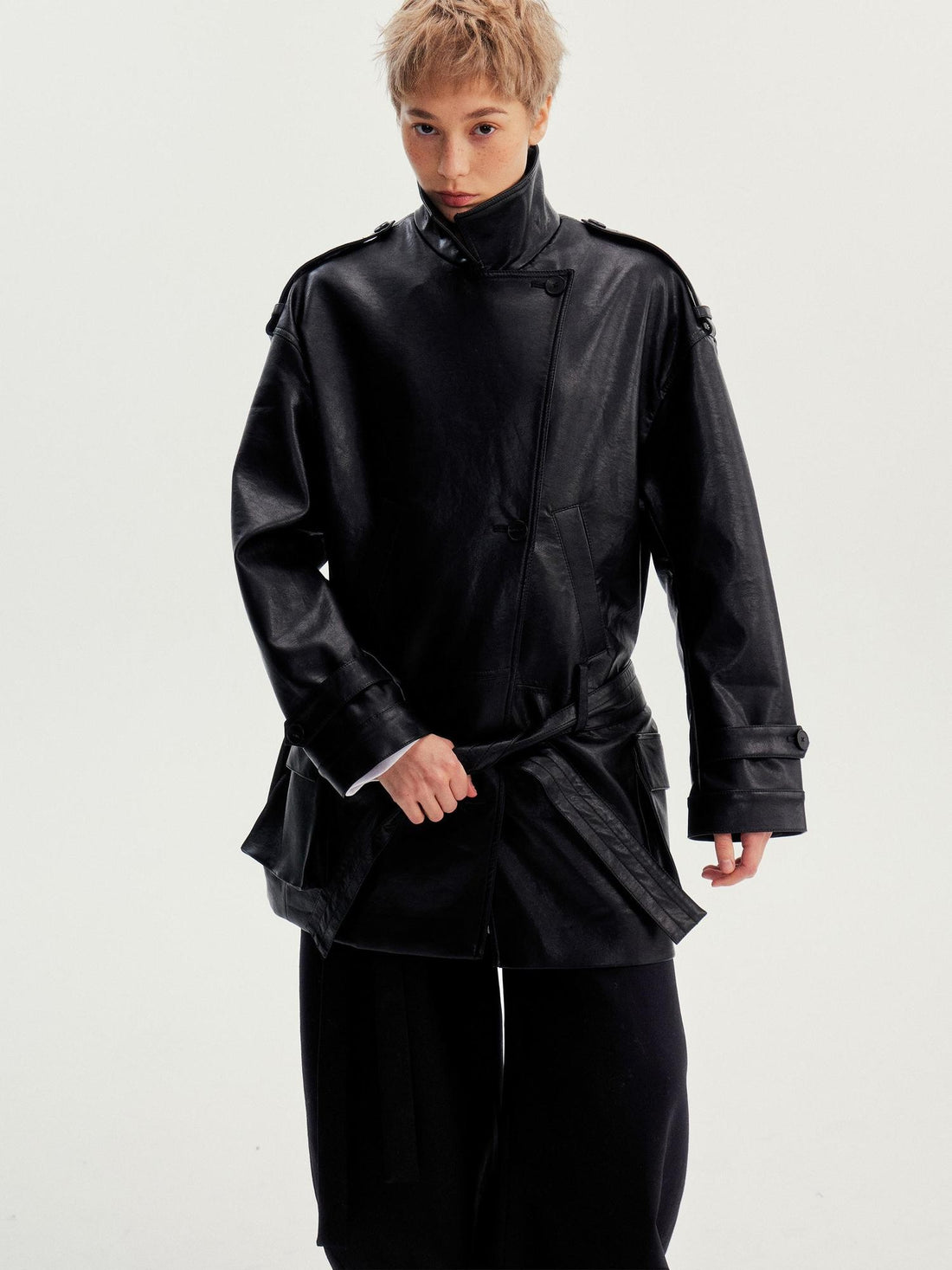 wii wil Belted Stand Collar Midlength Zippered Women&