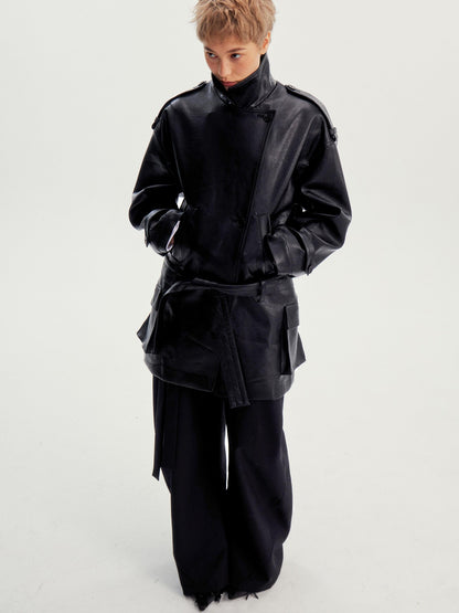 wii wil Belted Stand Collar Midlength Zippered Women&