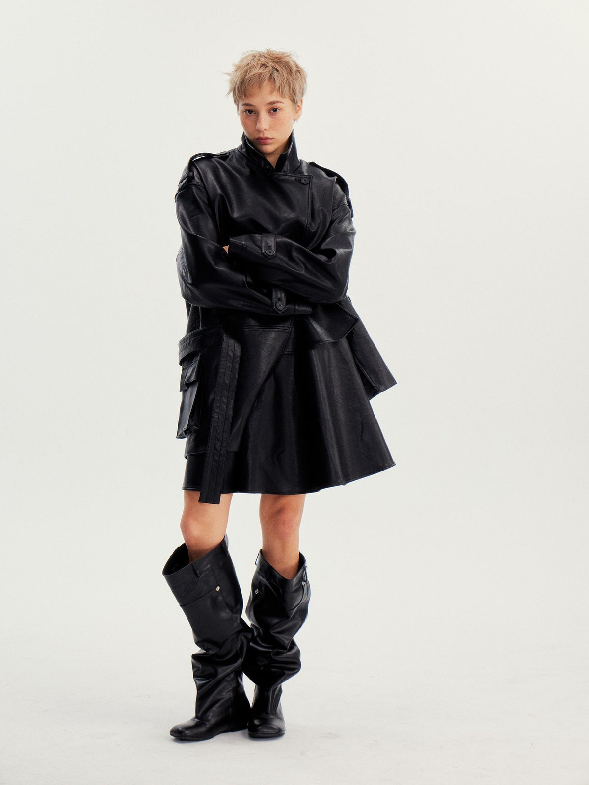 wii wil Belted Stand Collar Midlength Zippered Women&