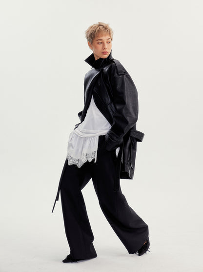 wii wil Belted Stand Collar Midlength Zippered Women&