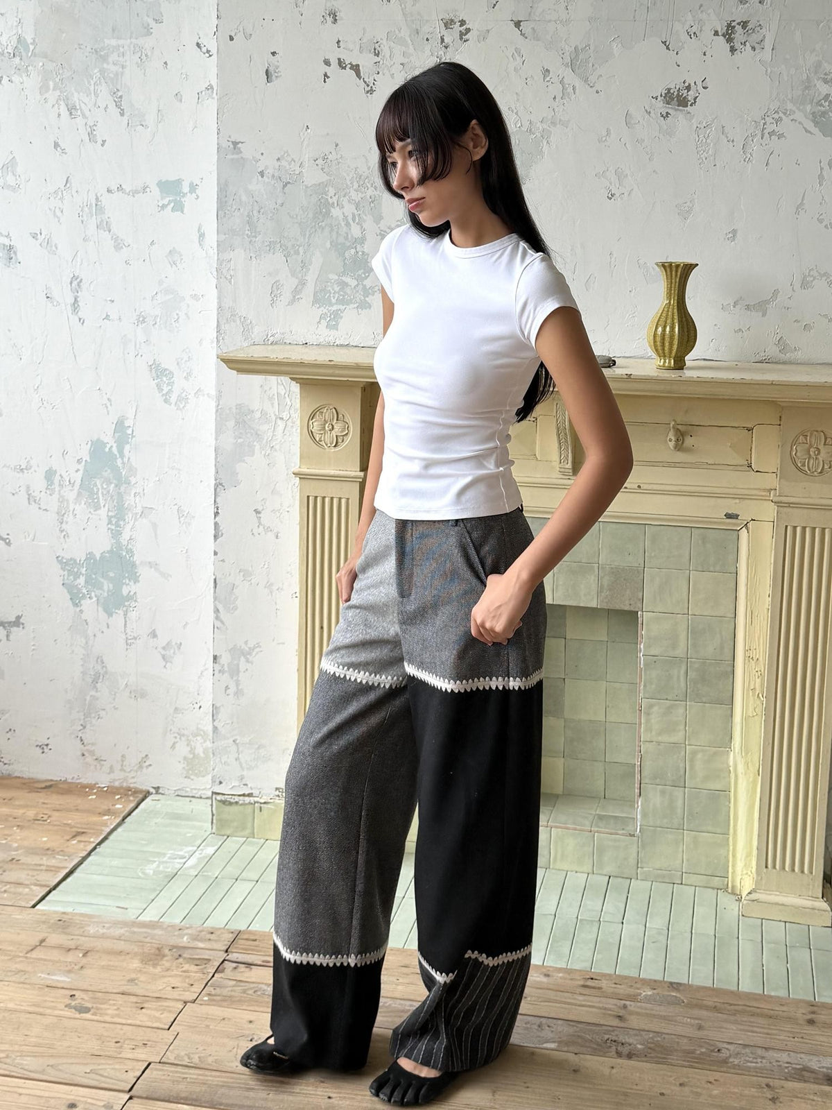 wii wil Black Grey Shell Embroidery Multi Color Spliced Wool Women&