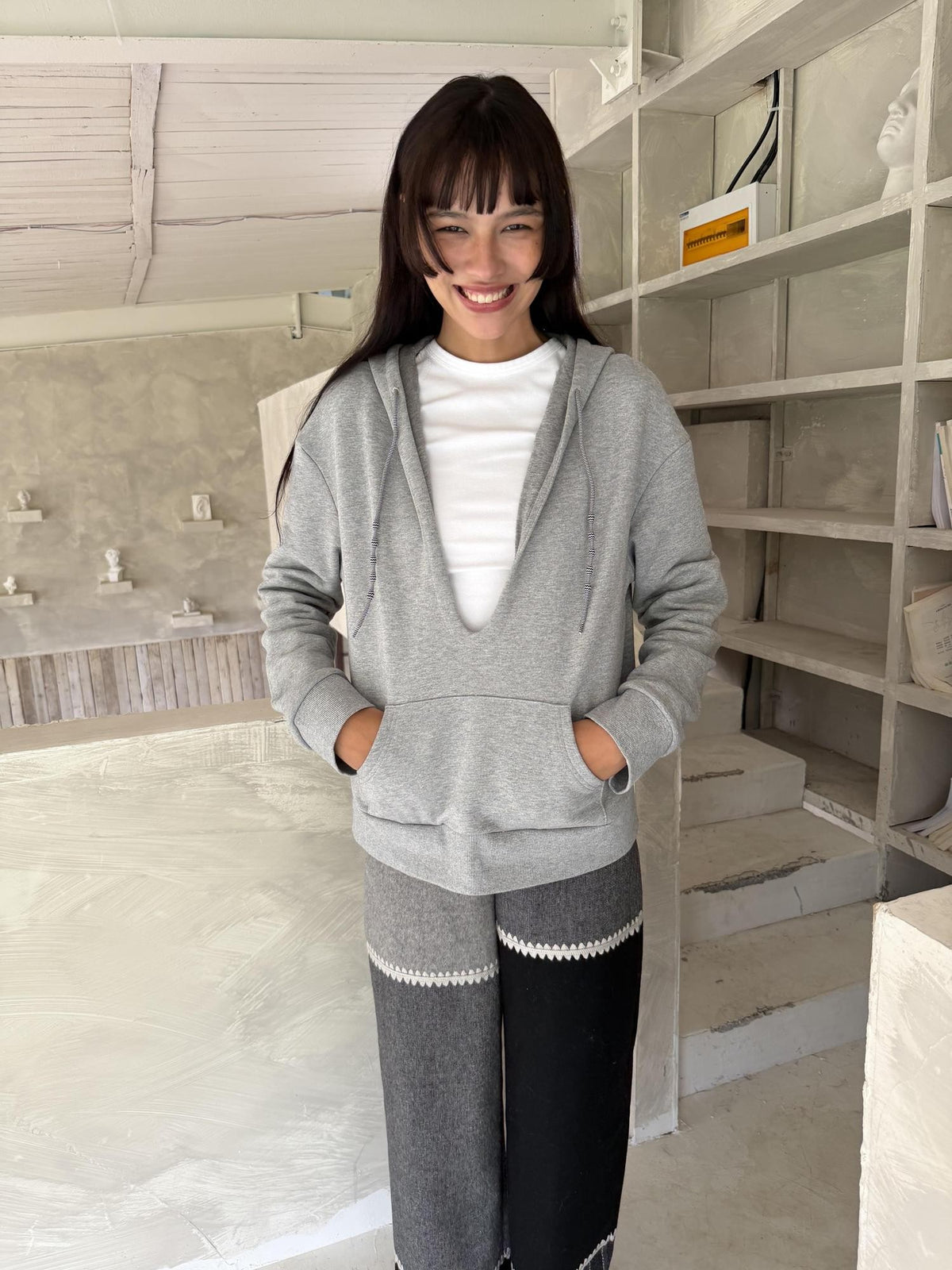 wii wil Black Grey Shell Embroidery Multi Color Spliced Wool Women&