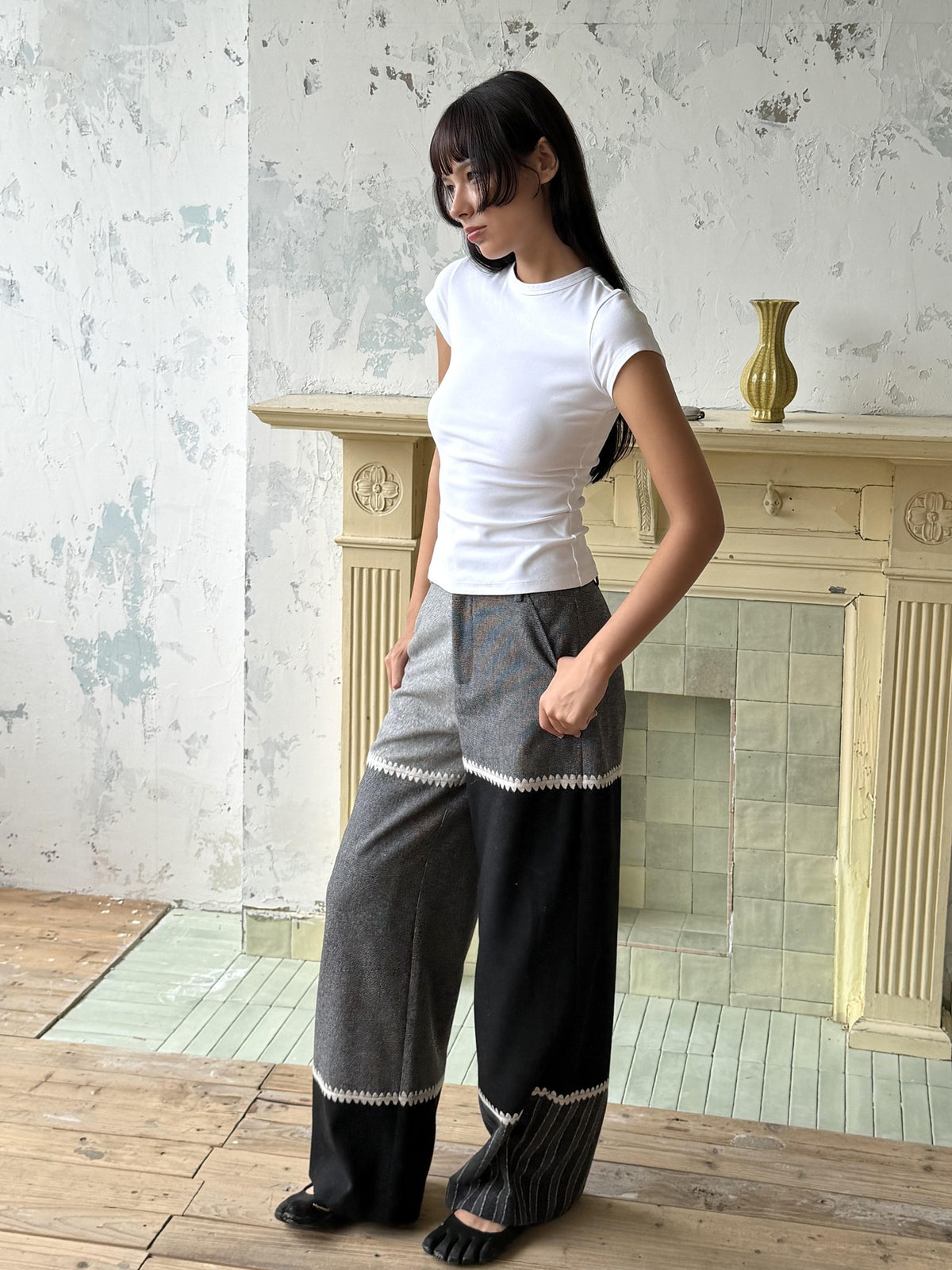 wii wil Black Grey Shell Embroidery Multi Color Spliced Wool Women&