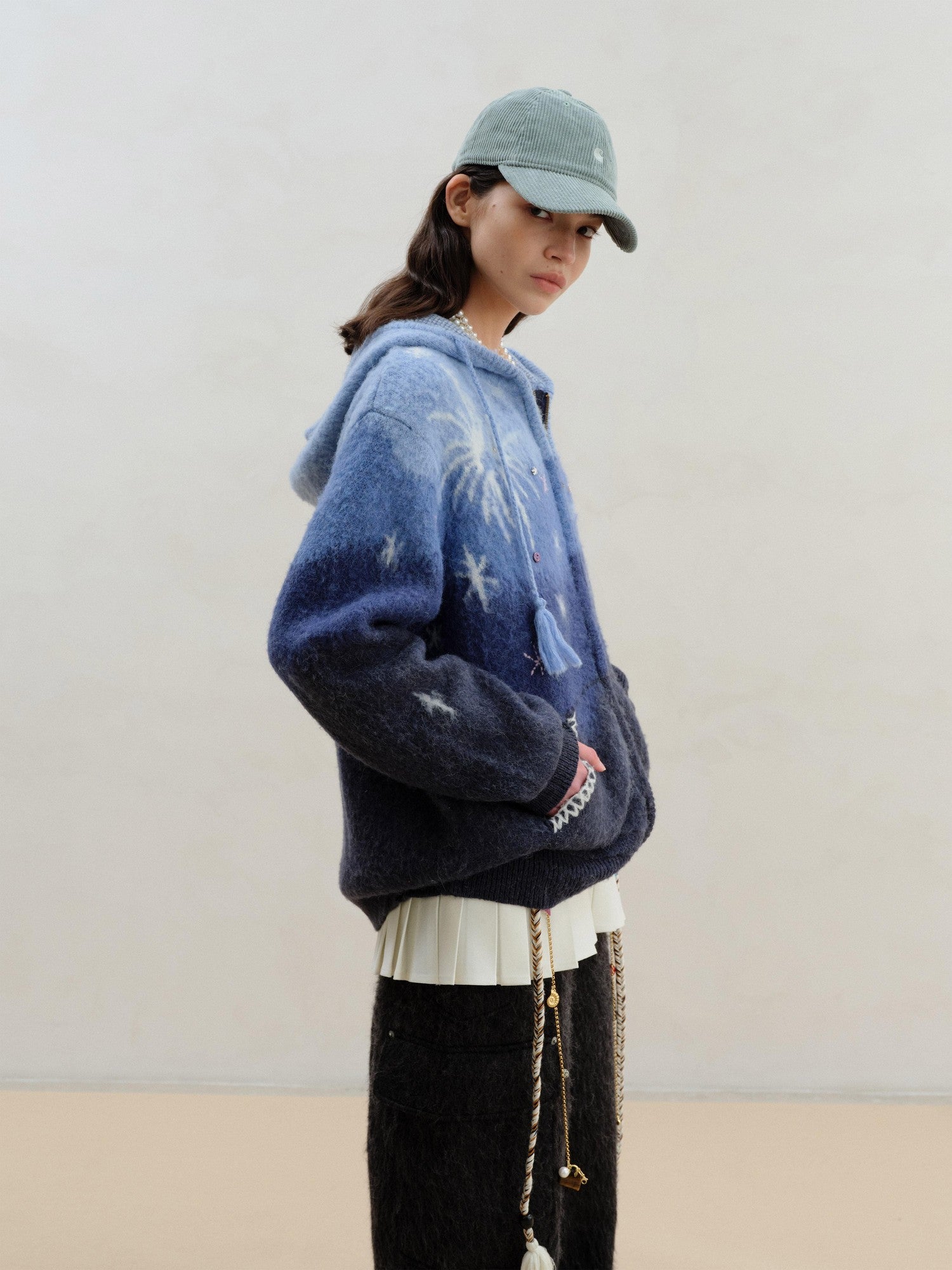 wii wil Blue Gradient Starry 3d Jacquard Hooded Women&