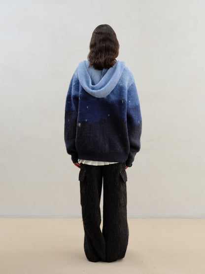 wii wil Blue Gradient Starry 3d Jacquard Hooded Women&