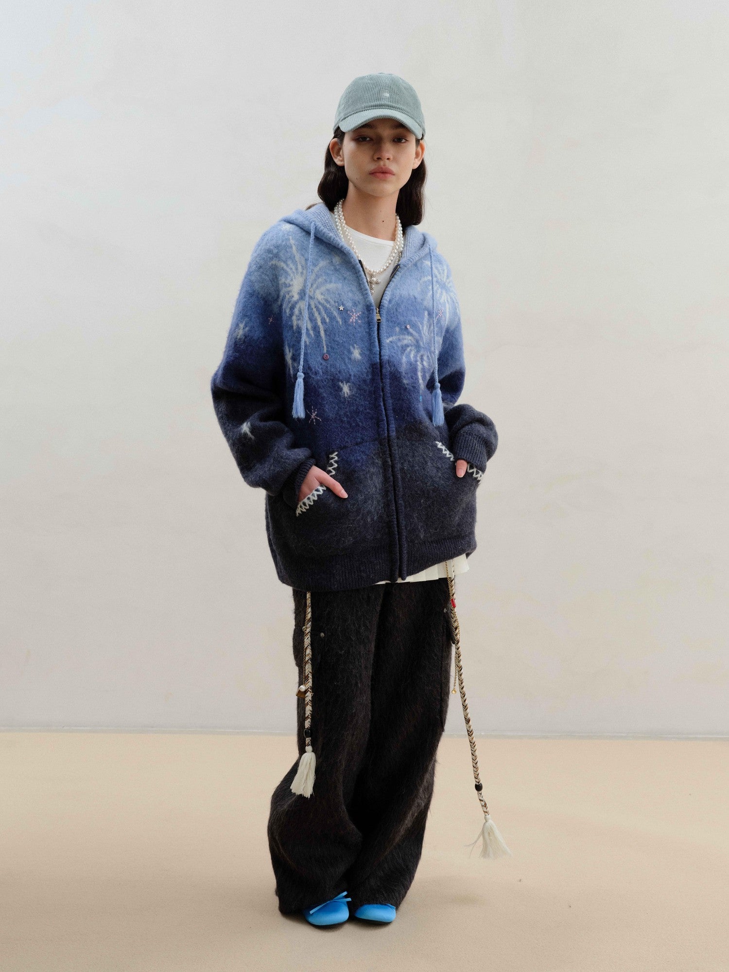 wii wil Blue Gradient Starry 3d Jacquard Hooded Women&