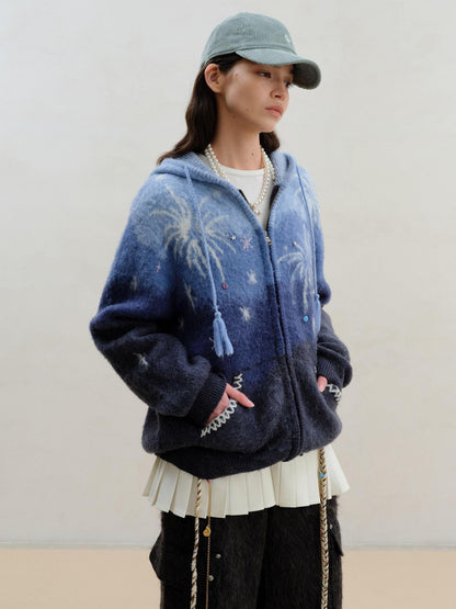 wii wil Blue Gradient Starry 3d Jacquard Hooded Women&