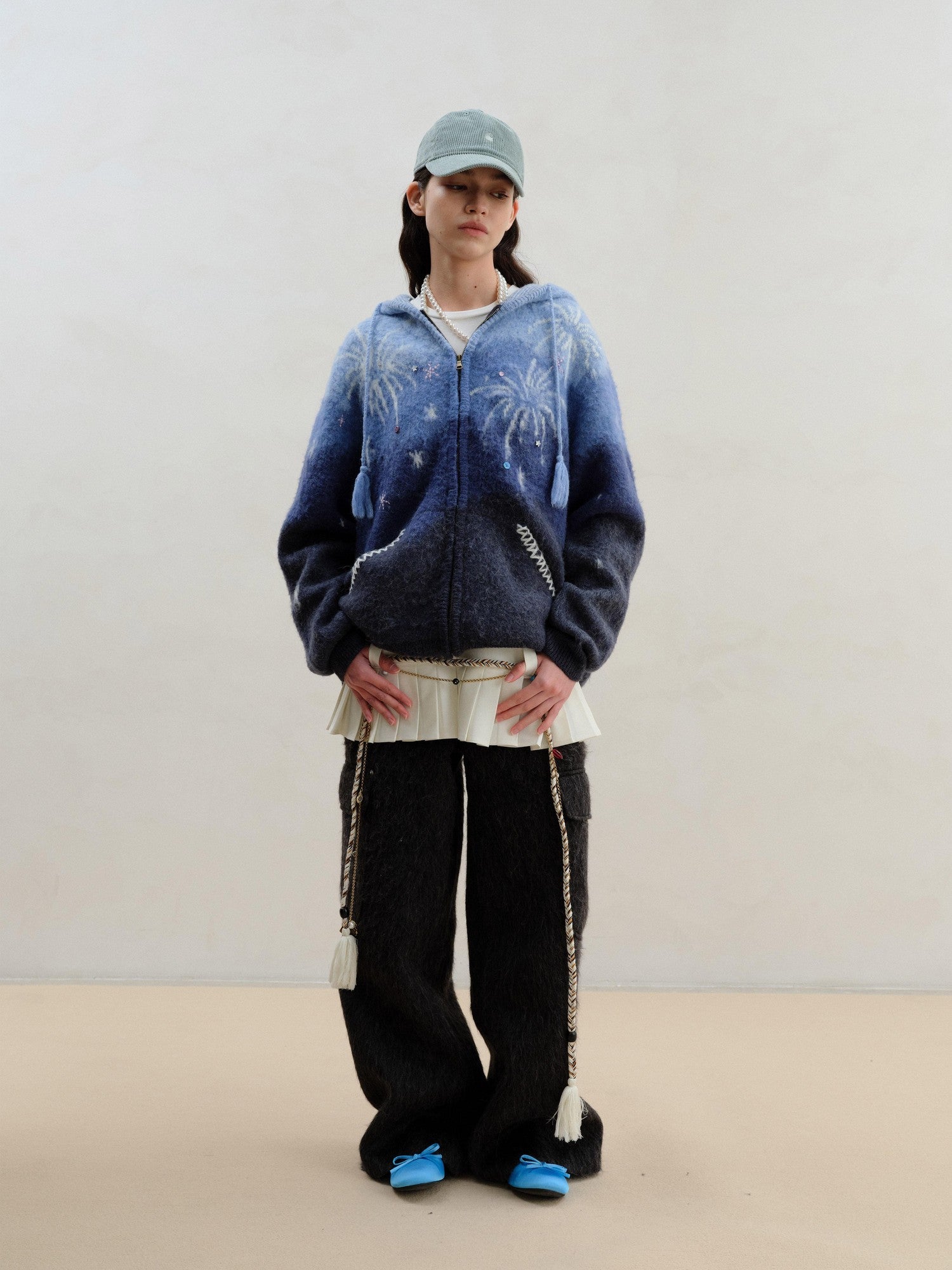 wii wil Blue Gradient Starry 3d Jacquard Hooded Women&