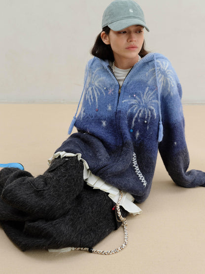 wii wil Blue Gradient Starry 3d Jacquard Hooded Women&