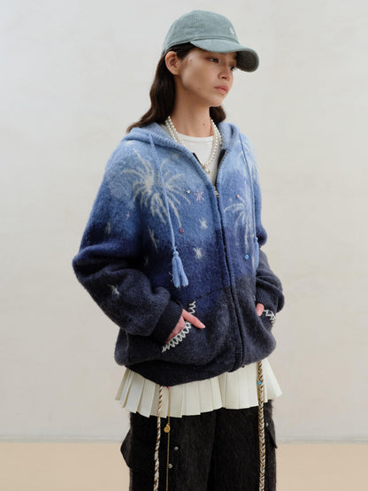 wii wil Blue Gradient Starry 3d Jacquard Hooded Women&