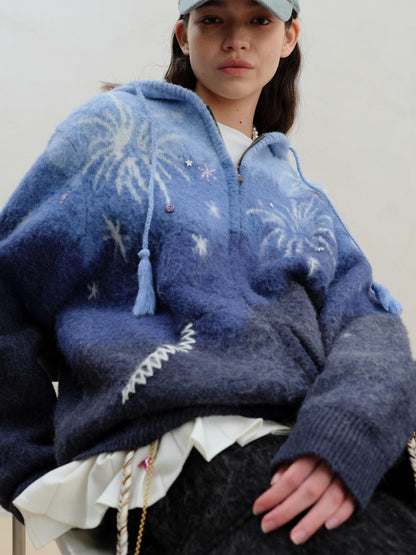 wii wil Blue Gradient Starry 3d Jacquard Hooded Women&