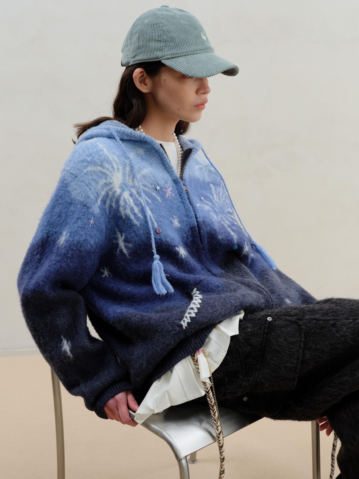 wii wil Blue Gradient Starry 3d Jacquard Hooded Women&