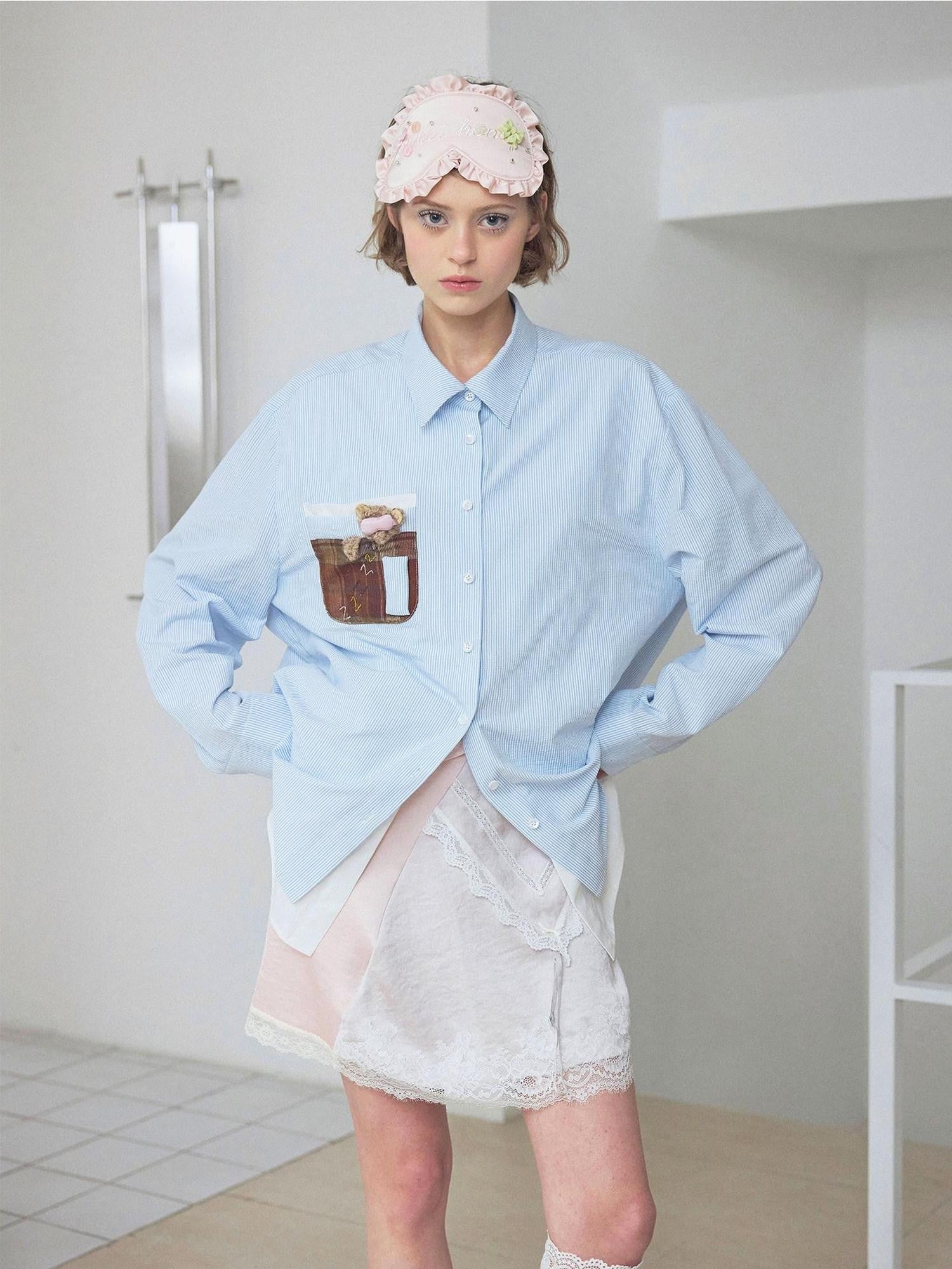 wii wil Blue Striped Teddy Pocket Faux Layered Collared Women&