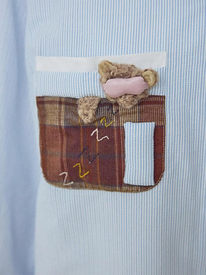 wii wil Blue Striped Teddy Pocket Faux Layered Collared Women&