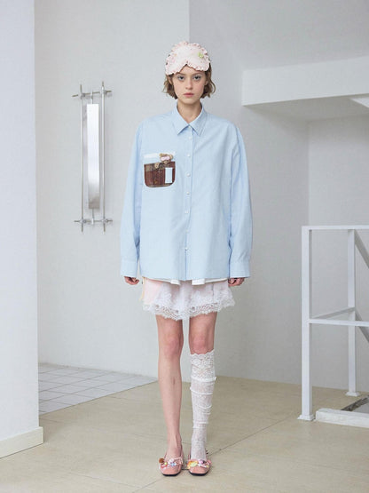 wii wil Blue Striped Teddy Pocket Faux Layered Collared Women&