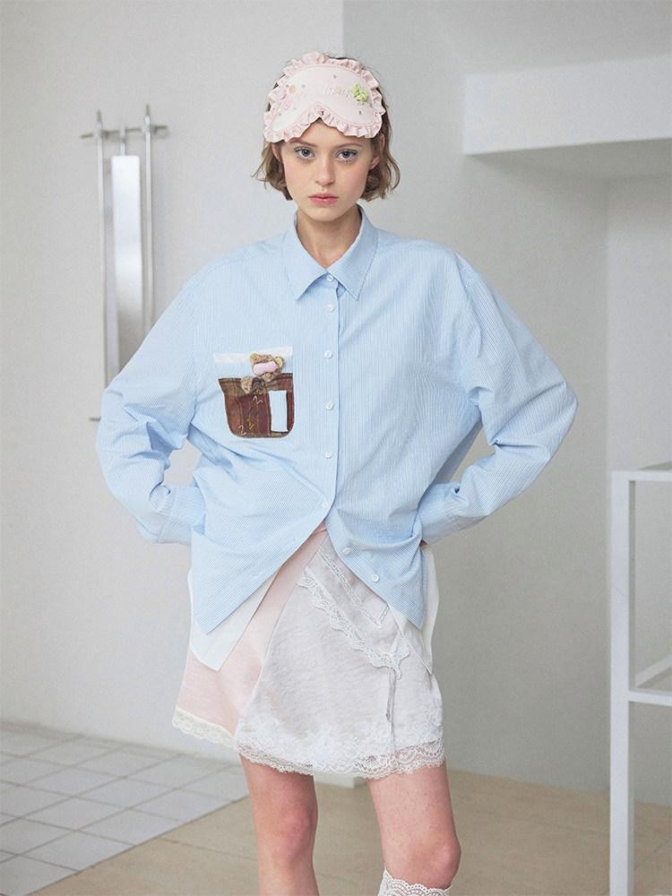 wii wil Blue Striped Teddy Pocket Faux Layered Collared Women&