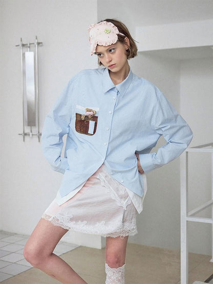 wii wil Blue Striped Teddy Pocket Faux Layered Collared Women&