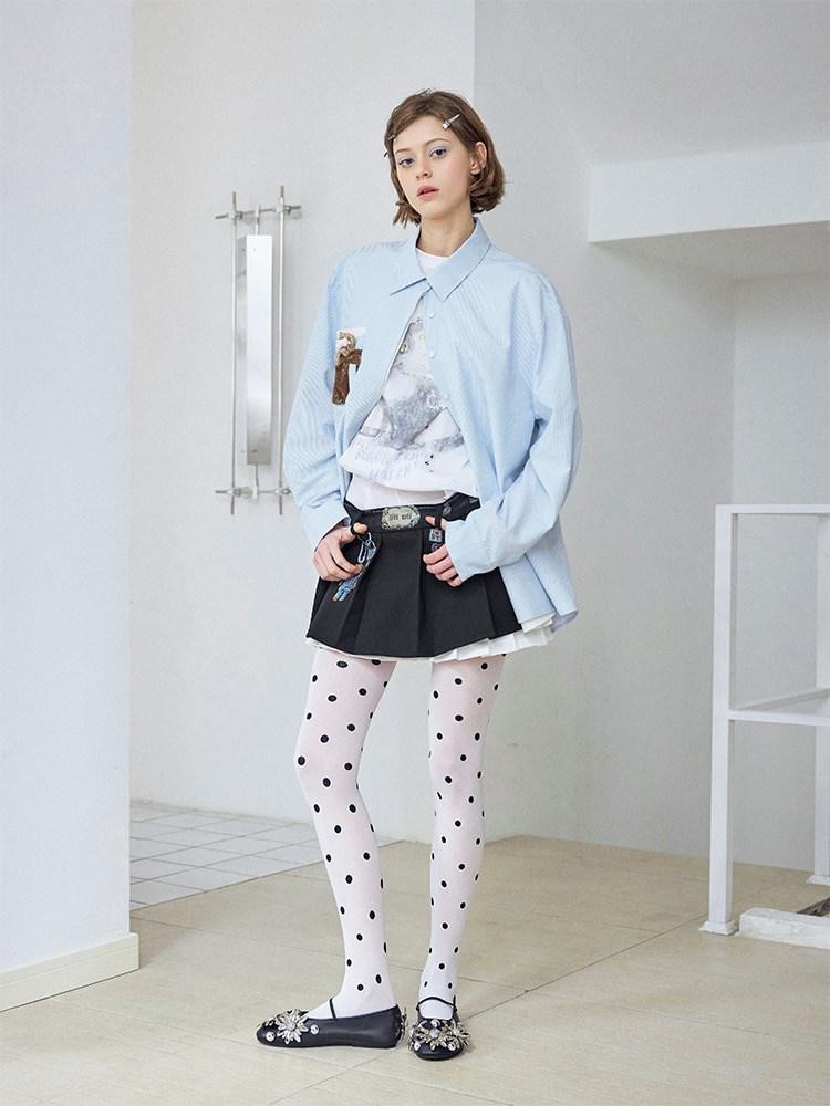 wii wil Blue Striped Teddy Pocket Faux Layered Collared Women&