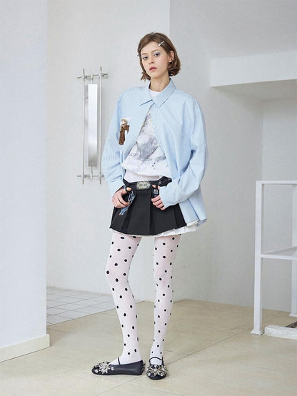 wii wil Blue Striped Teddy Pocket Faux Layered Collared Women&