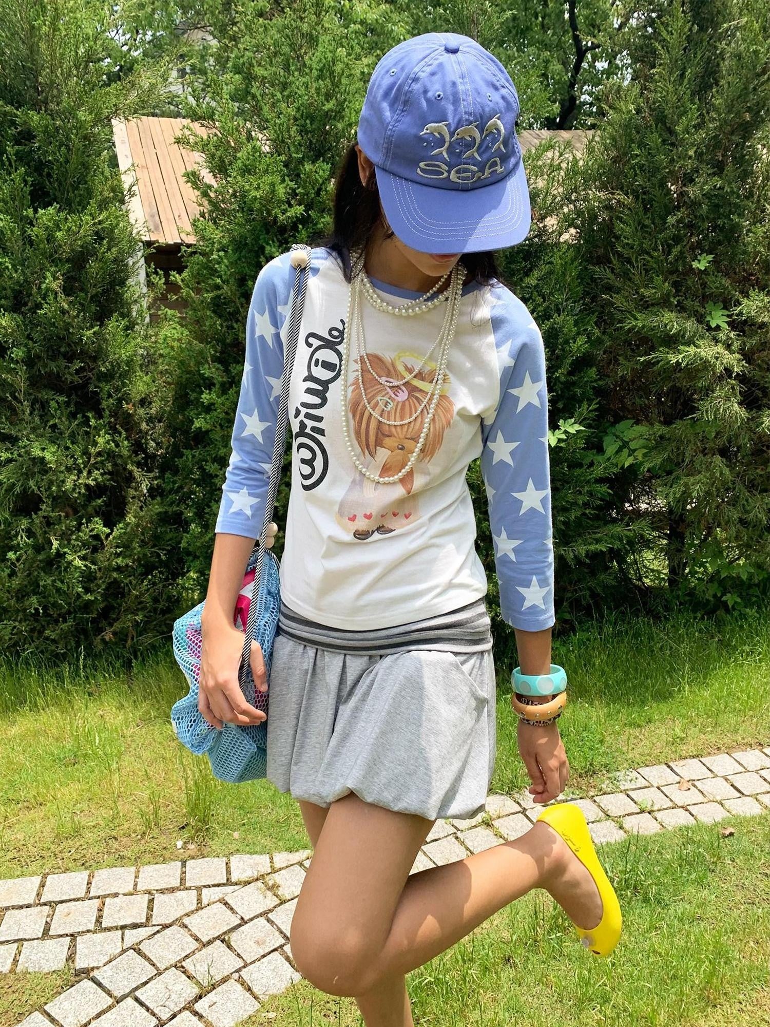 wii wil Blue White Colorblock Angel Print Raglan Women&