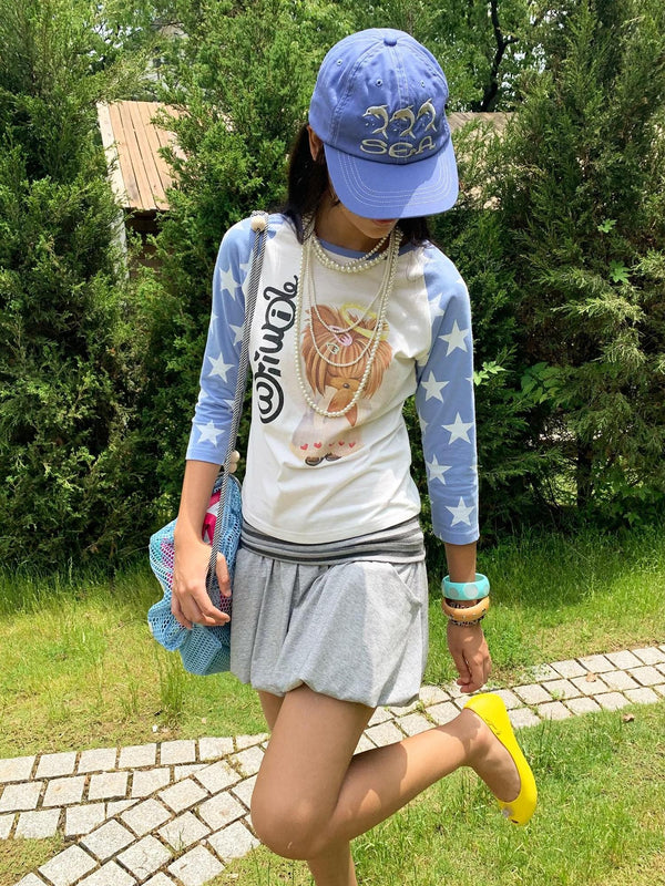 Blue White Colorblock Angel Print Raglan Women's Cotton Long Sleeve T-shirts