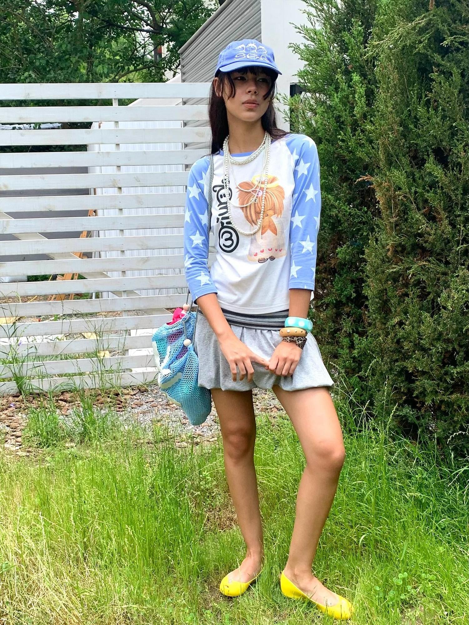 wii wil Blue White Colorblock Angel Print Raglan Women&