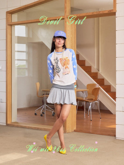 wii wil Blue White Colorblock Angel Print Raglan Women&