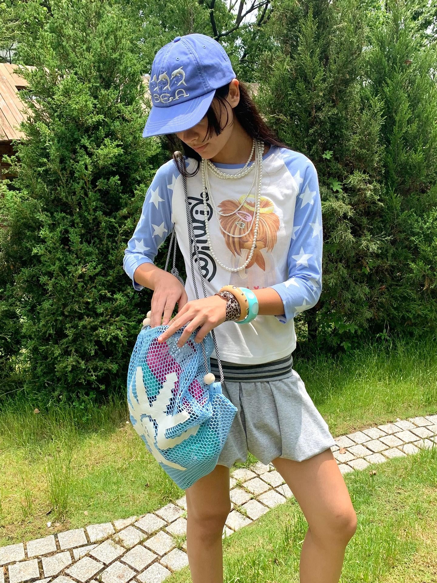 wii wil Blue White Colorblock Angel Print Raglan Women&