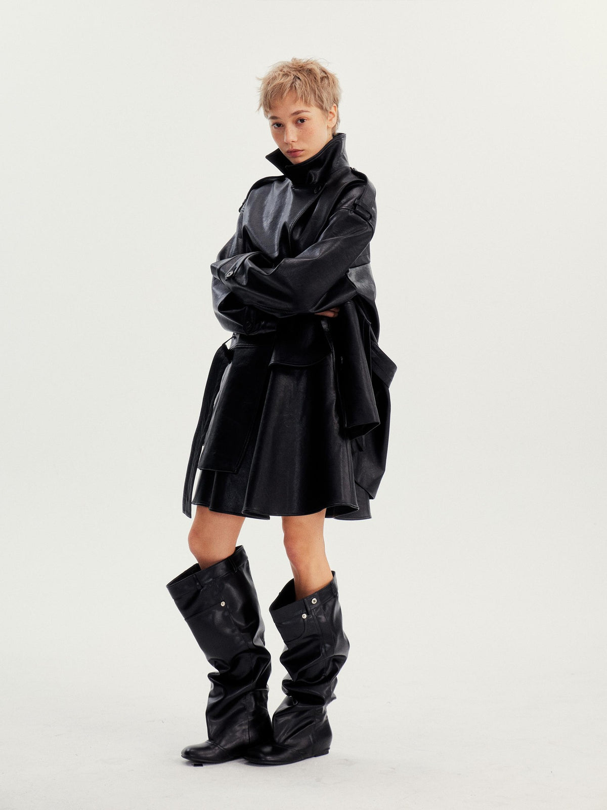 wii wil Casual Ruffle Trim Spliced Mid Waist Pu Women&
