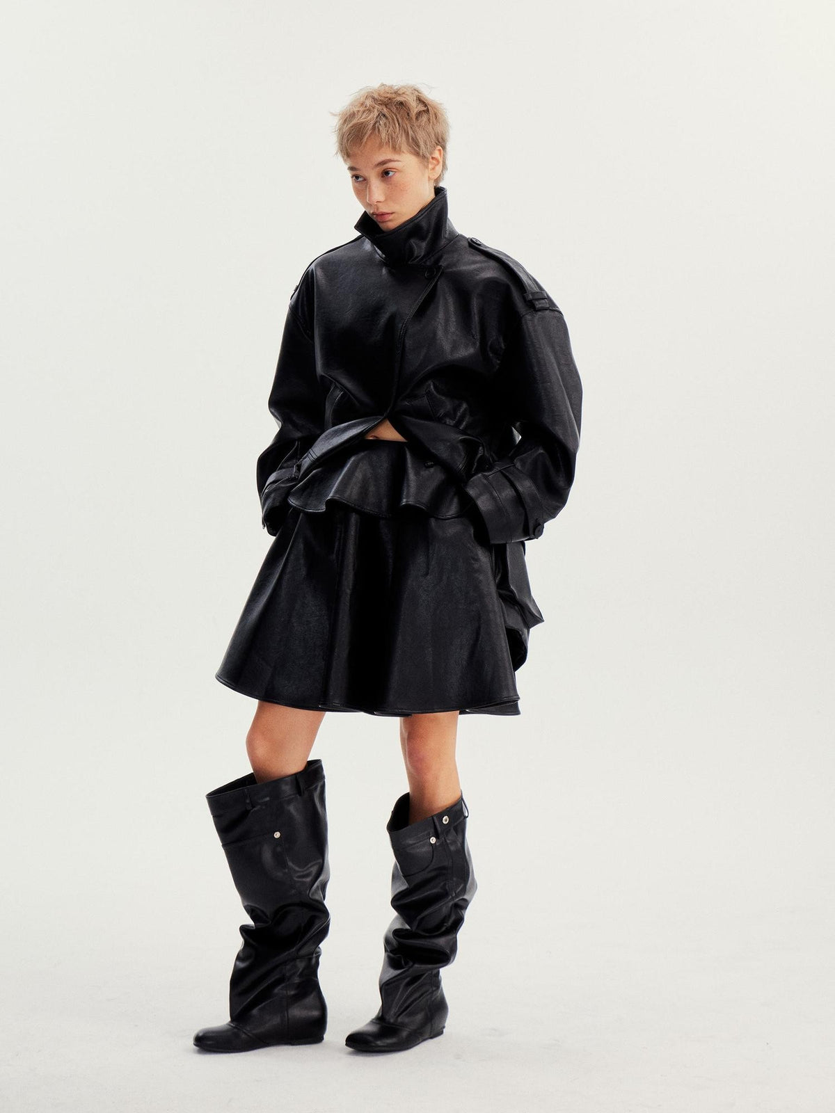 wii wil Casual Ruffle Trim Spliced Mid Waist Pu Women&