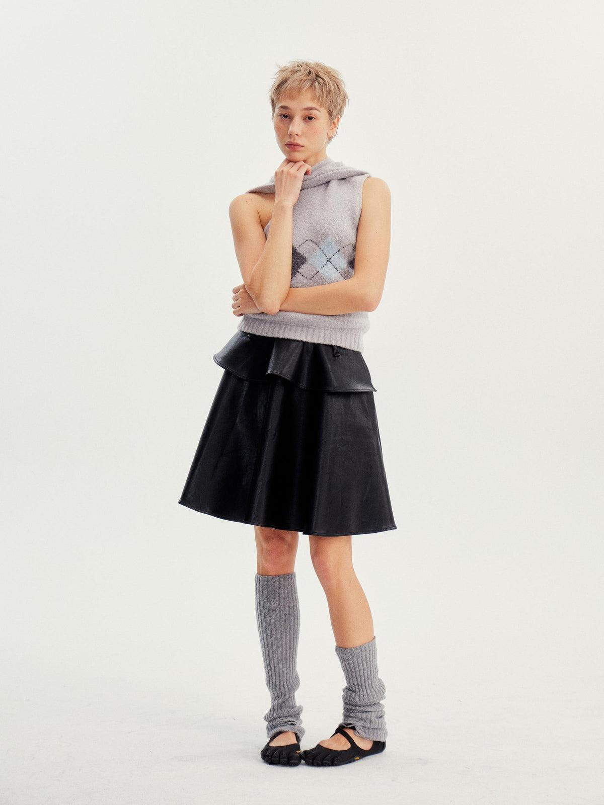 wii wil Casual Ruffle Trim Spliced Mid Waist Pu Women&