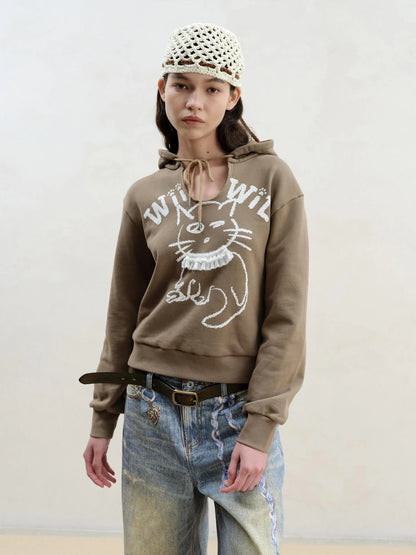 Cat Print Hoodie With Detachable Raccoon Fur Trim