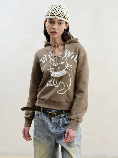 Cat Print Hoodie With Detachable Raccoon Fur Trim