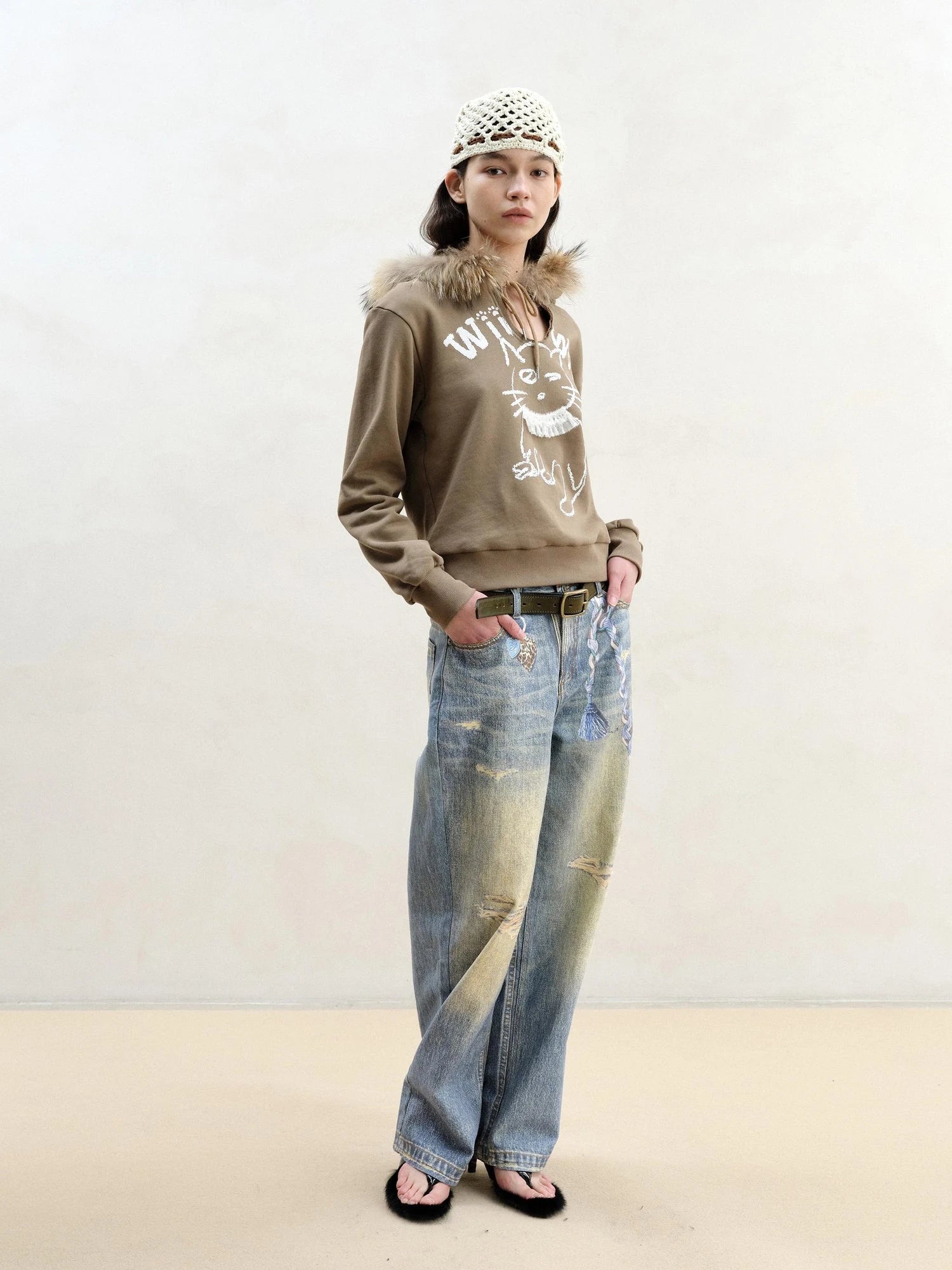 Cat Print Hoodie With Detachable Raccoon Fur Trim