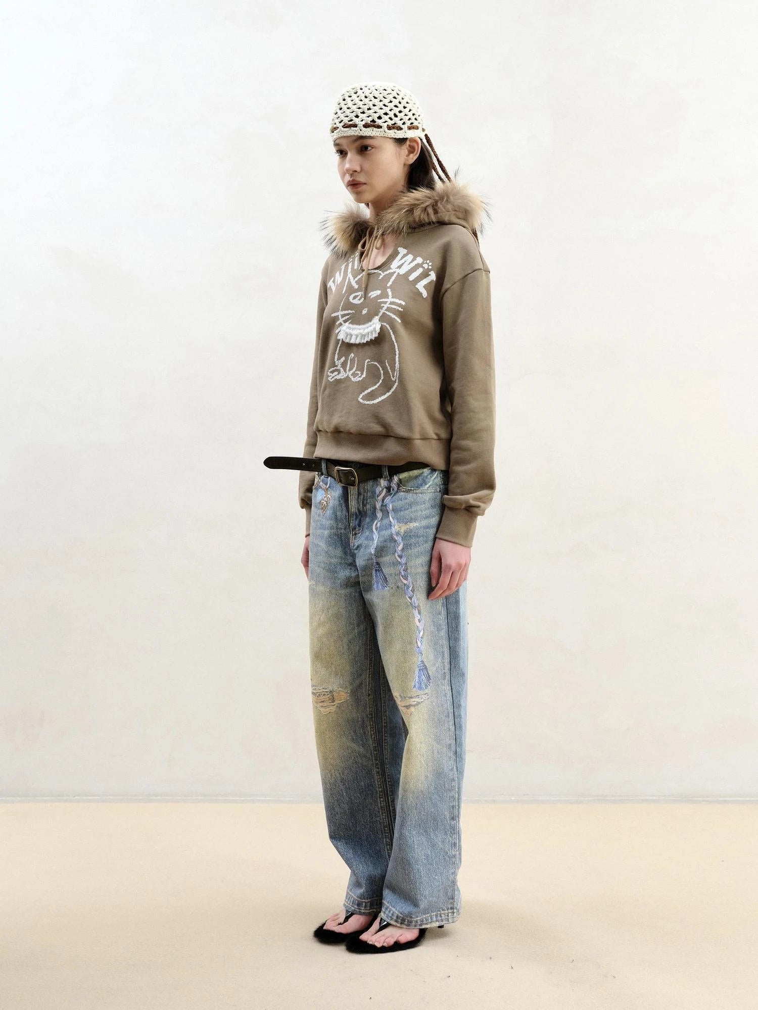 Cat Print Hoodie With Detachable Raccoon Fur Trim