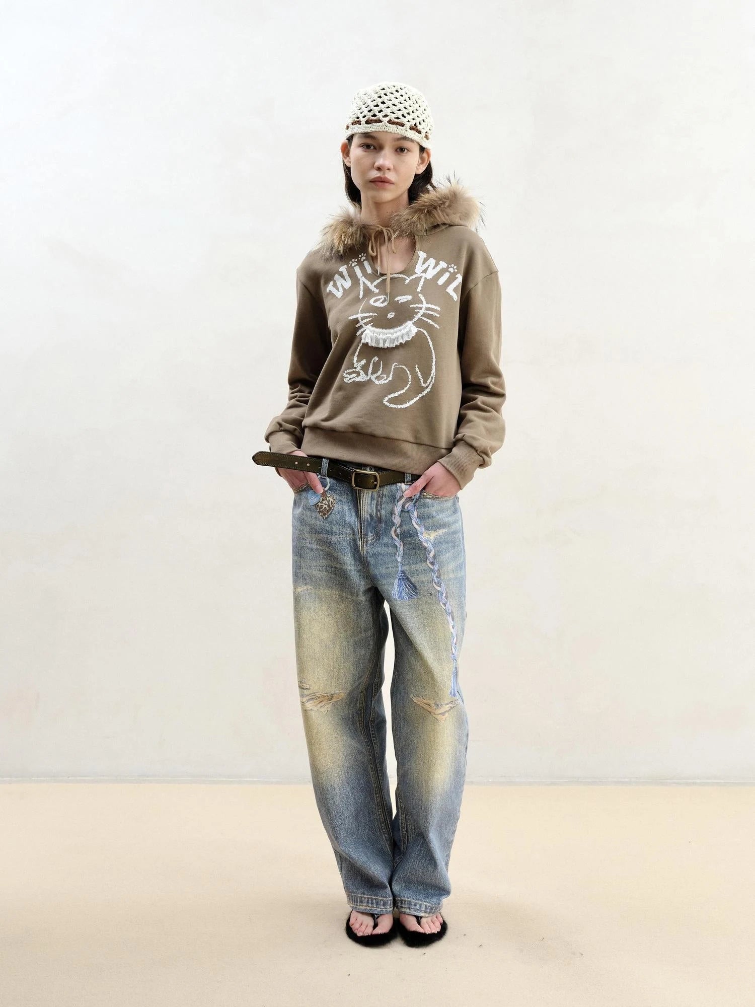 Cat Print Hoodie With Detachable Raccoon Fur Trim