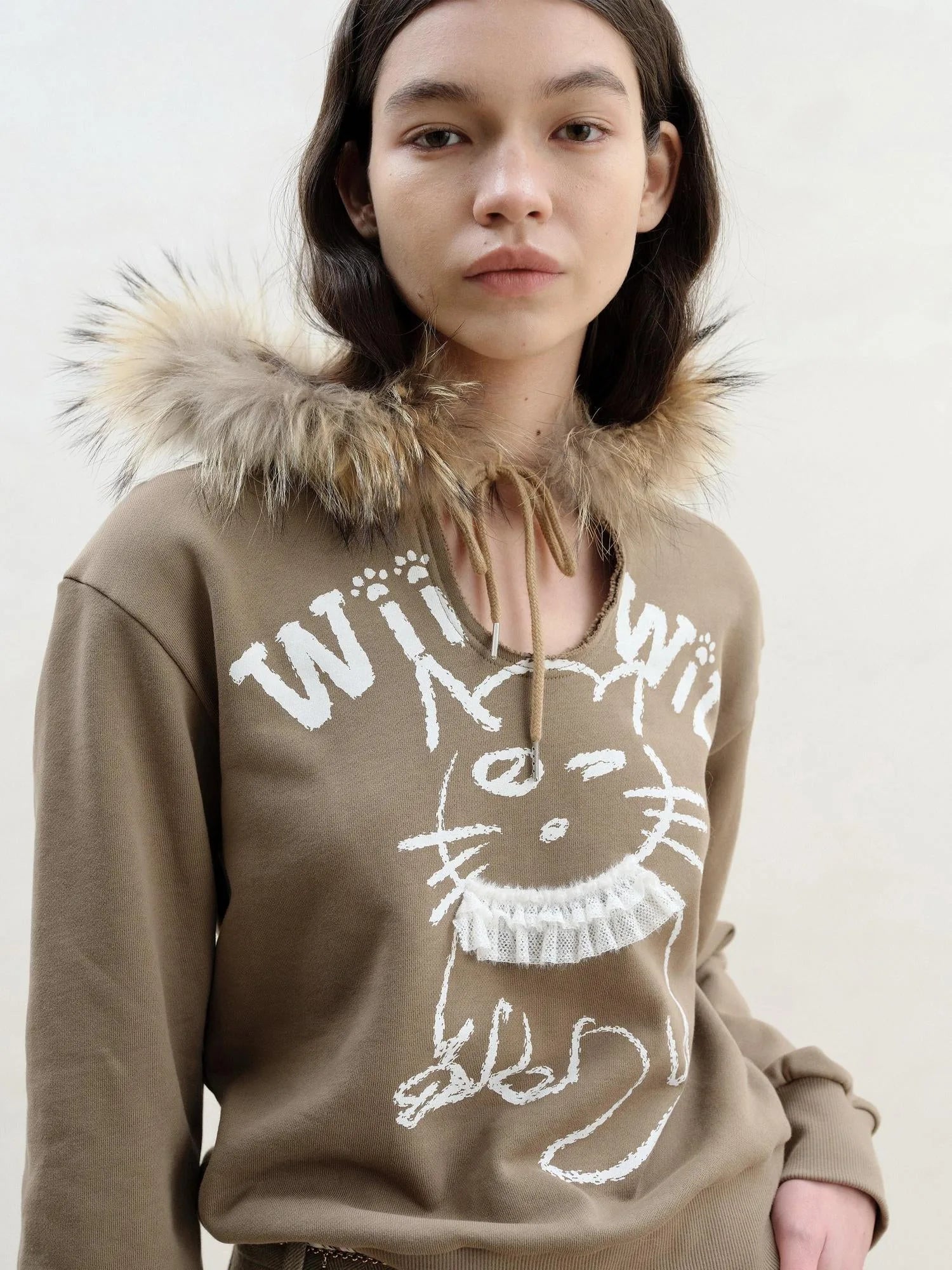 Cat Print Hoodie With Detachable Raccoon Fur Trim